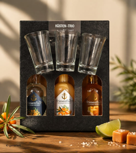 friesenflair Küsten-Trio-Bundle Mini 3x 0,1 Liter und 3x Shotgläser 4cl