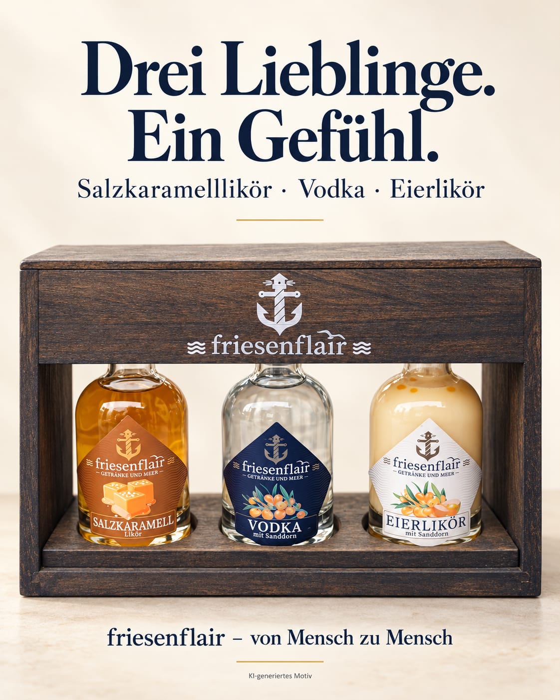 friesenflair Küsten-Trio-Bundle Mini 3x 0,1 Liter exclusiv im eleganten Holzdisplay