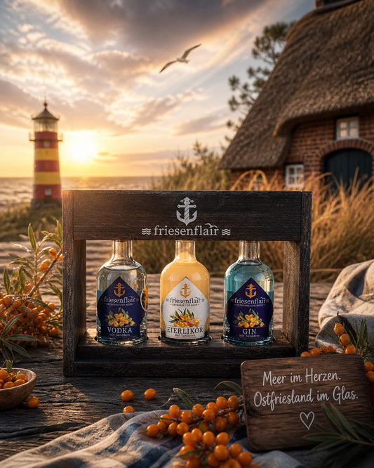 friesenflair Küsten-Trio-Bundle Mini 3x 0,1 Liter exclusiv im eleganten Holzdisplay