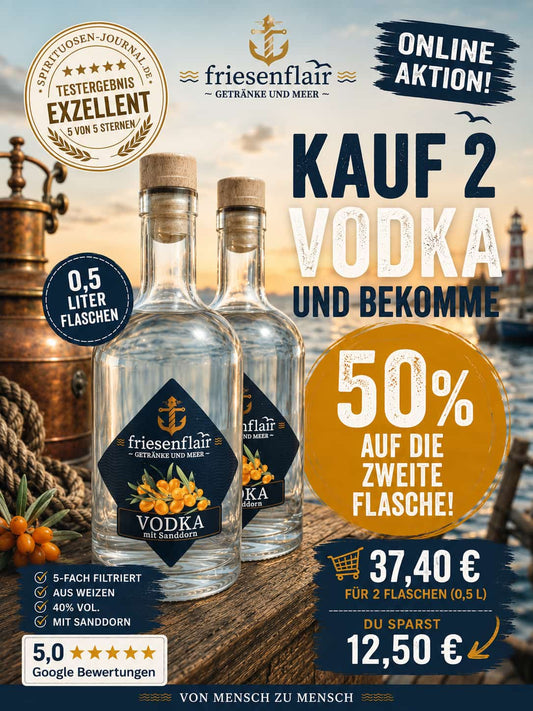 "Aktion" 2x 0,5 Liter Vodka mit Sanddorn - 50% auf die 2.te Flasche